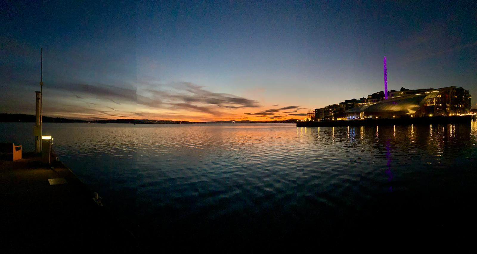 Sunset panorama over Oslofjorden from Aker Brygge